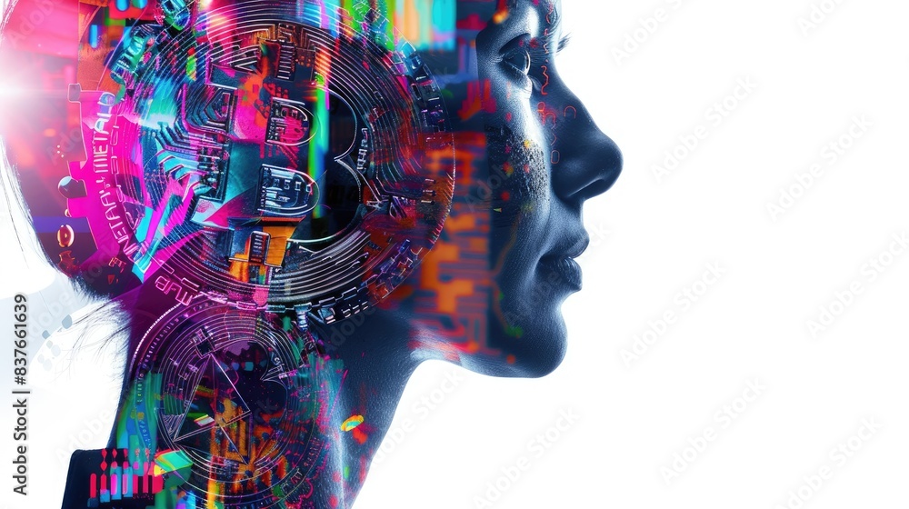Poster double exposure side profile of an ai expert with bitcoin logo and blockchain elements in vibrant co