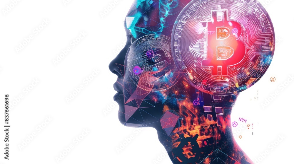 Poster double exposure side profile of an ai expert with bitcoin logo and blockchain elements in vibrant co