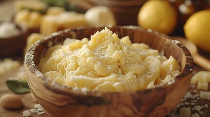  Shea butter being mixed in a bowl with a wooden spatula.