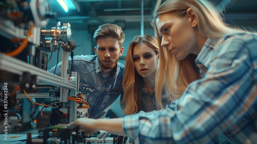 Poster team of skilled engineers collaborating on innovative prototype in high tech workshop