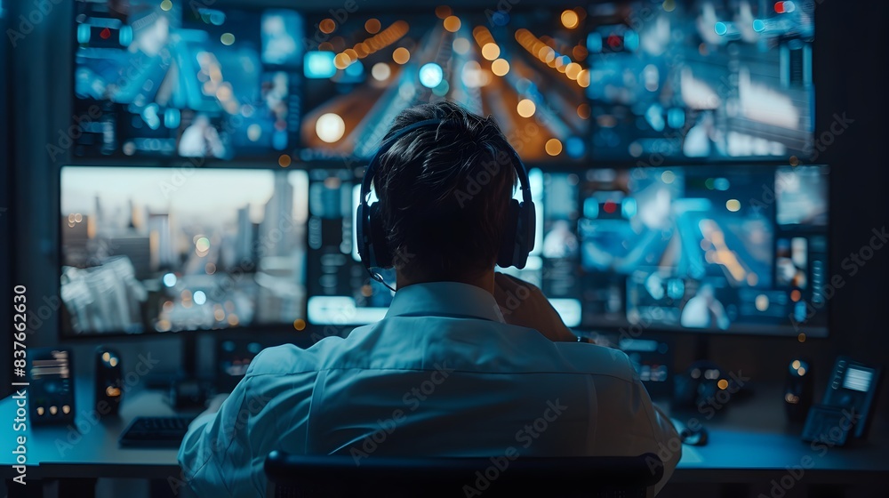 Poster businessman utilizing advanced technology for remote and productivity in the modern workspace