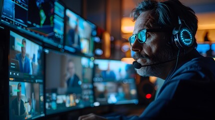 Fototapeta premium Businessman Engaged in Remote Video Conference on Multiple Screens