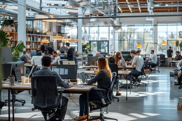 Dynamic Open Plan Office with Employees Collaborating on Business Projects