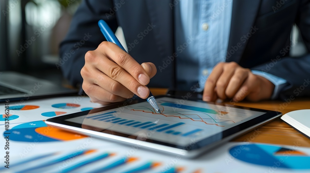 Poster business professional analyzes data on tablet with charts and graphs focusing on analytics strategy 