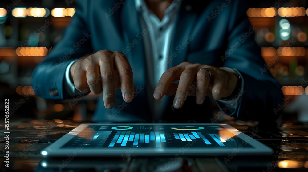 Poster experienced business professional analyzing data on tablet with comprehensive charts and graphs depi
