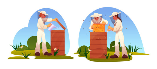 Beekeeper with beehive boxes. Apiarist in uniform collecting honey. Farmer smoking bees. Hive keeper. Apiary farm. Garden flowers pollen. Flying insect. Countryside landscape. Vector apiculture set