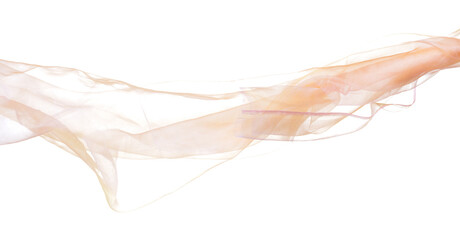 Orange Organza fabric flying in curve shape, Piece of textile orange organza fabric throw fall in air. White background isolated motion blur