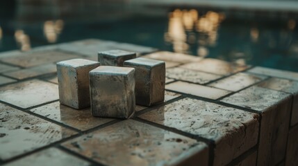  A collection of cubes atop a tiled floor, near a swimming pool Behind the water, a reflecting building and its image mirror the scene
