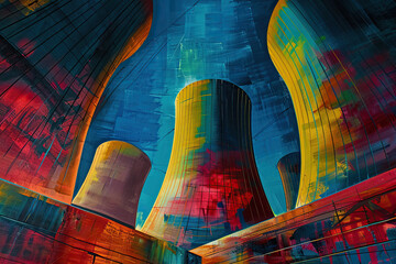 Generative ai on theme of nuclear power plant made of huge smokestacks polluting the environment
