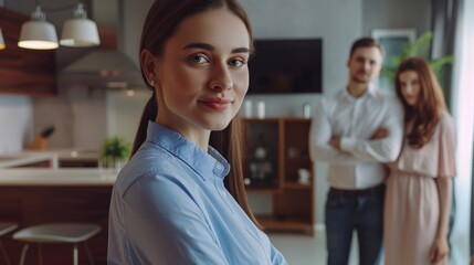 Portrait of a real estate agent in the apartment for sale or for rent with young married couple standing in the background. Real estate concept
