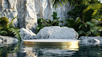 Showcase the elegance of your merchandise with an image featuring a 3D render abstract scene showcasing a white and gold cobblestone podium and rock platform.