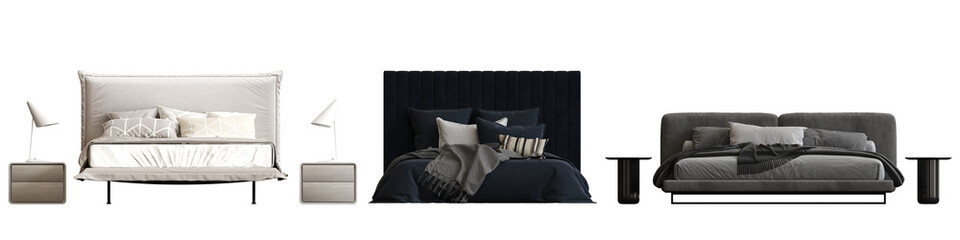 double bed isolated on a transparent background, furniture for the bedroom interior, 3D illustration, cg render