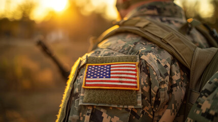 A close-up of an American flag patch on a uniform, with a bokeh background of a military base