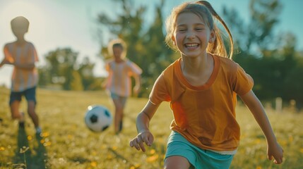 Obraz premium A girl in orange shirt exudes excitement as she chases a soccer ball during a friendly match in the field