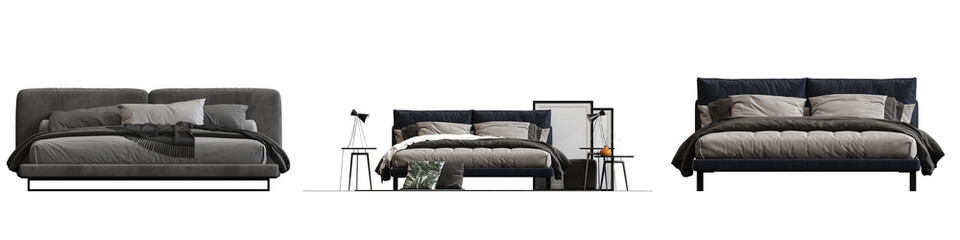 double bed isolated on a transparent background, furniture for the bedroom interior, 3D illustration, cg render