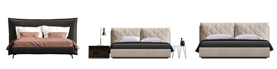 double bed isolated on a transparent background, furniture for the bedroom interior, 3D illustration, cg render