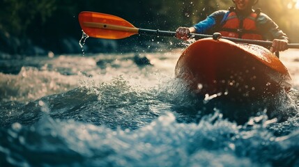 Fototapeta premium A kayaker wearing a helmet and life vest navigates through the exhilarating rush of whitewater rapids