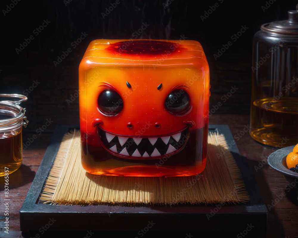 Poster funny jelly monster in the form of a cube on the table. generated ai.