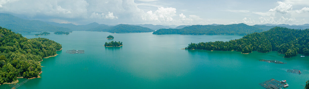 Aerial drone view of Kenyir Lake or Tasik Kenyir which is located at Kuala Berang in Hulu Terengganu, Terengganu, Malaysia