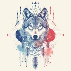 a captivating wolf line art design featuring an elegant clorfull painting