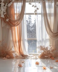 Light spills through lace curtains onto a hardwood floor in a room bathed in morning light