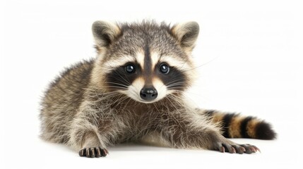 Obraz premium A close-up of a raccoon on the ground, paws beneath it, front paws raised, gaze fixed on the camera