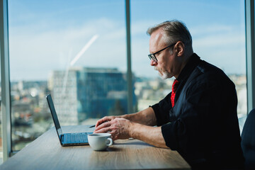 Gray-haired stylish freelancer man, gray-haired businessman at workplace in office. Adult bearded...