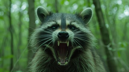 Obraz premium A close-up of a raccoon with its mouth open widely
