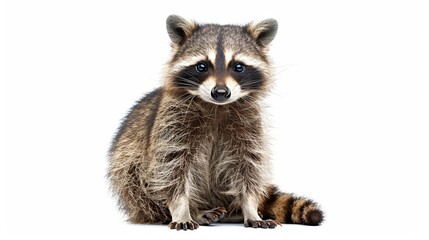 Obraz premium A raccoon on white backdrop gazes sadly at the camera, while displaying a serious expression with intensely focused eyes