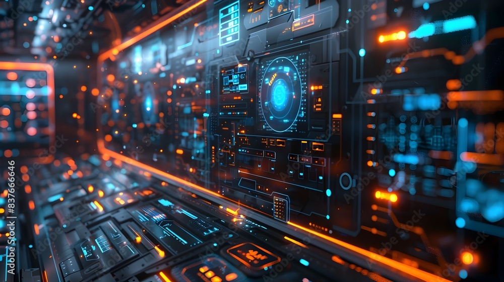 Poster futuristic holographic interface with floating data panels and intuitive touch controls for cutting 