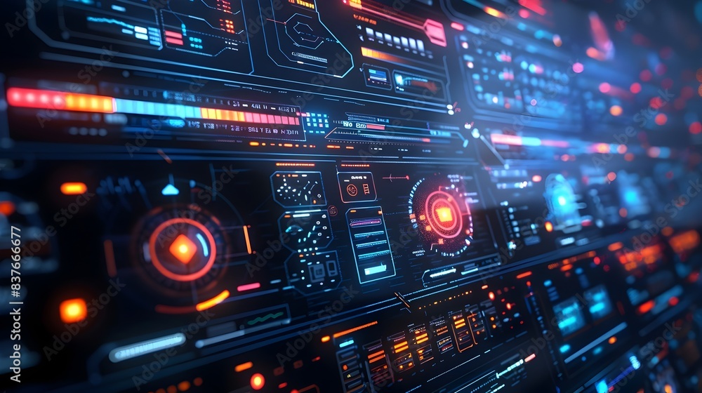 Poster futuristic holographic interface with floating data panels and responsive touch controls showcasing 