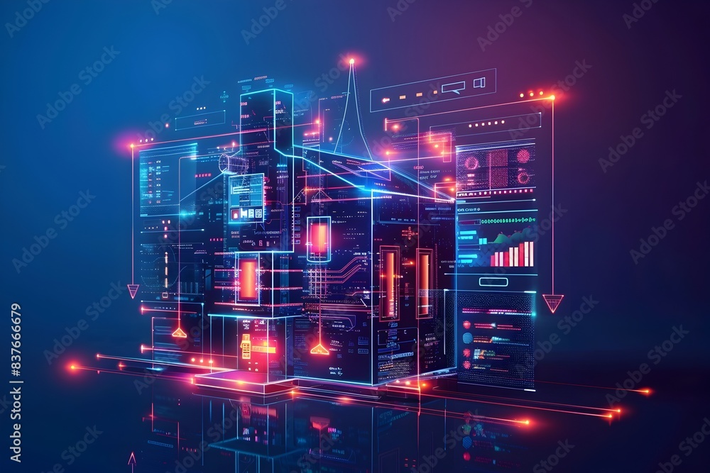 Poster futuristic smart home control panel with interconnected devices and automation analytics