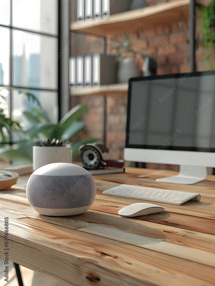 Poster minimalist workspace with powered personal assistant device
