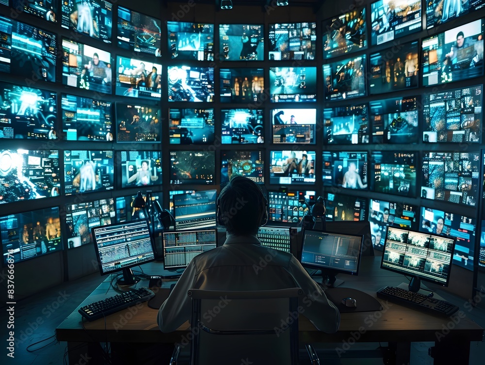 Poster cybersecurity analyst monitoring threats on multiple screens in a control room for data security and