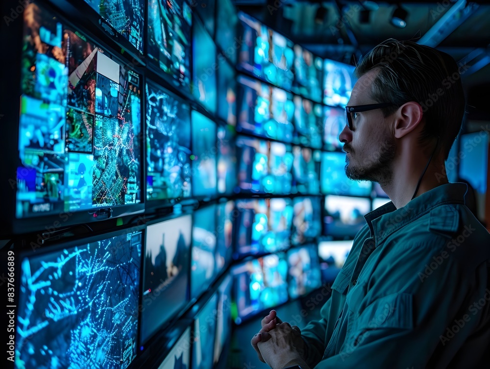 Poster cybersecurity analyst monitoring threats on multiple screens in a futuristic control room