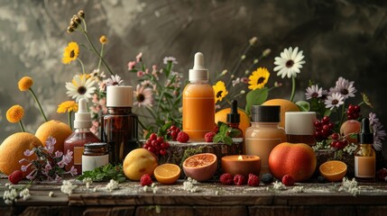Artistic arrangement of skin care serums and creams with fresh fruits and flowers, showcasing the natural essence of the products