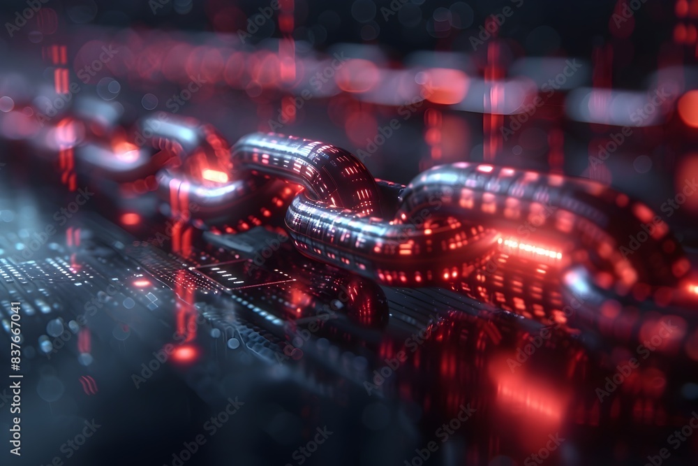 Poster blockchain ledger visualization showcasing secure and transparent transactions in a futuristic techn