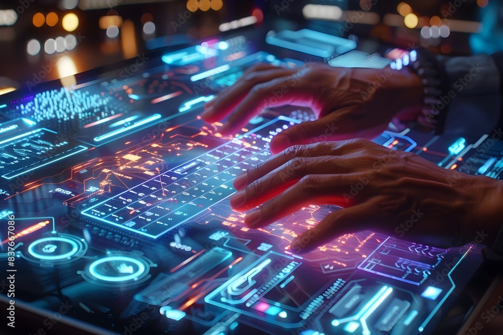 Poster immersive digital workspace futuristic interaction with virtual keyboard and holographic display