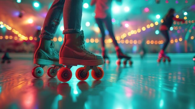 Vibrant image of skaters on a roller skating rink, capturing movement and colorful lights