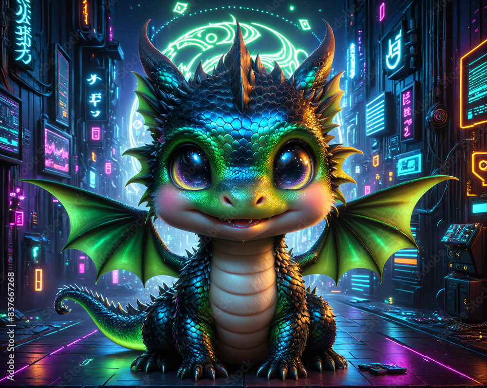 Poster cheerful dragon hacker behind computers with cyberpunk style. generated ai.
