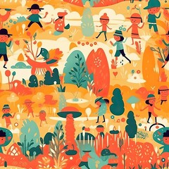 Fantasy scene of joyful children tile as Seamless fabric.
