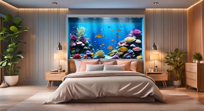 Cozy bedroom with a large aquarium on the wall and colorful fish