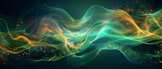 Abstract art with green and blue sound wave curves, golden digital touches, flowing design