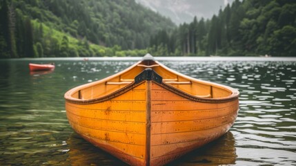  A yellow boat floats on a lake's surface beside a lush, forested area teeming with numerous leafy trees A small boat is in the lake's center