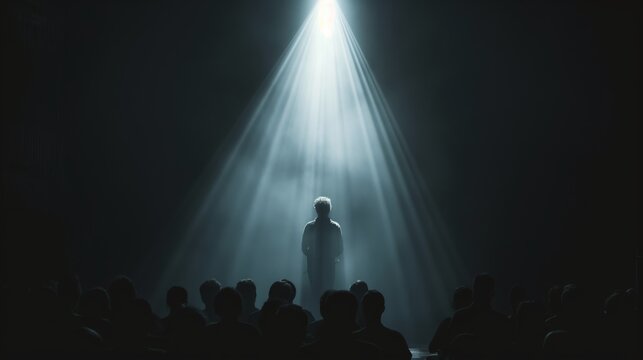 Singer's silhouette visible under a beam of light with an attentive audience