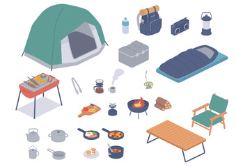 キャンプ道具のアイソメトリックイラストセット