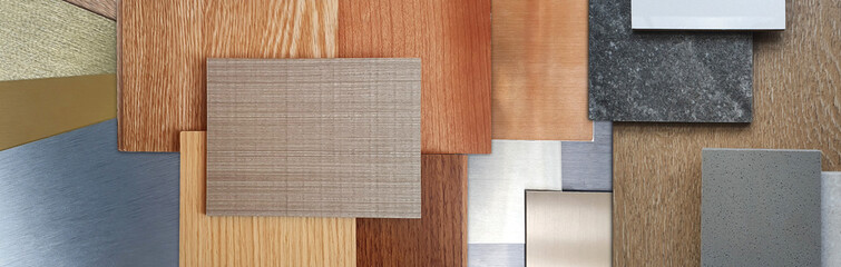 close up view, combination of multi colors of wooden veneer, stainless metallic, stone ceramic tile, laminated samples. interior mood and tone board for selection, panorama view.