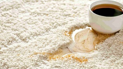  A cup of coffee on a white rug before a wooden floor Another cup on a saucer nearby