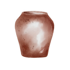 Maroon vase handcrafted watercolor illustration isolated. Large wide vase unique shapes hand drawn. Handmade vase in rustic aesthetic. Element for ceramics workshop, school, modeling clay