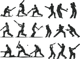 Set of batsman silhouette playing cricket on the field. Black and white